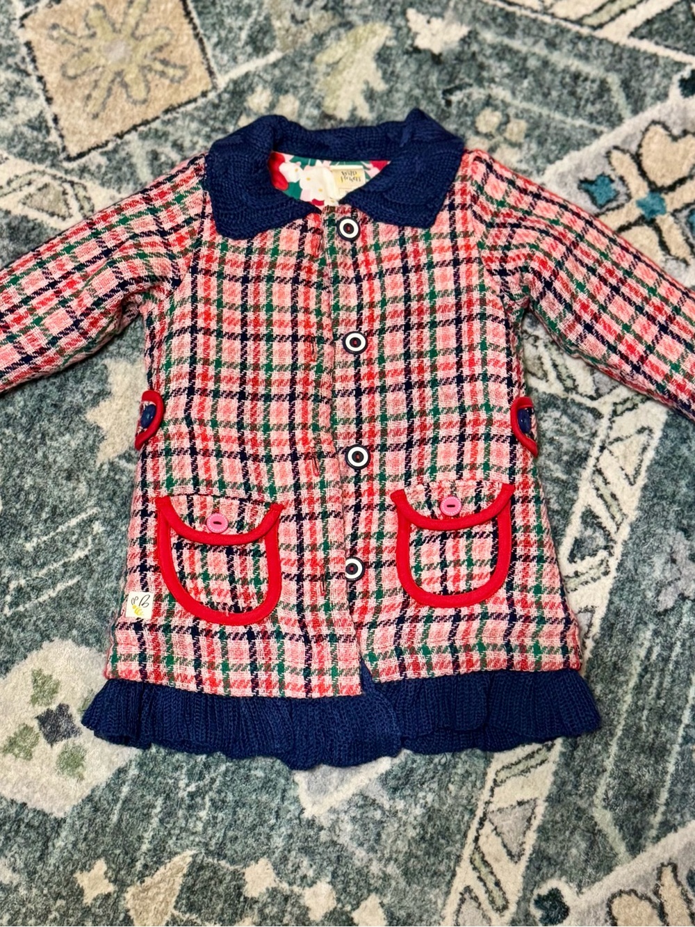 Wildflowers Pink Red Green Plaid Knit-Trim Coat